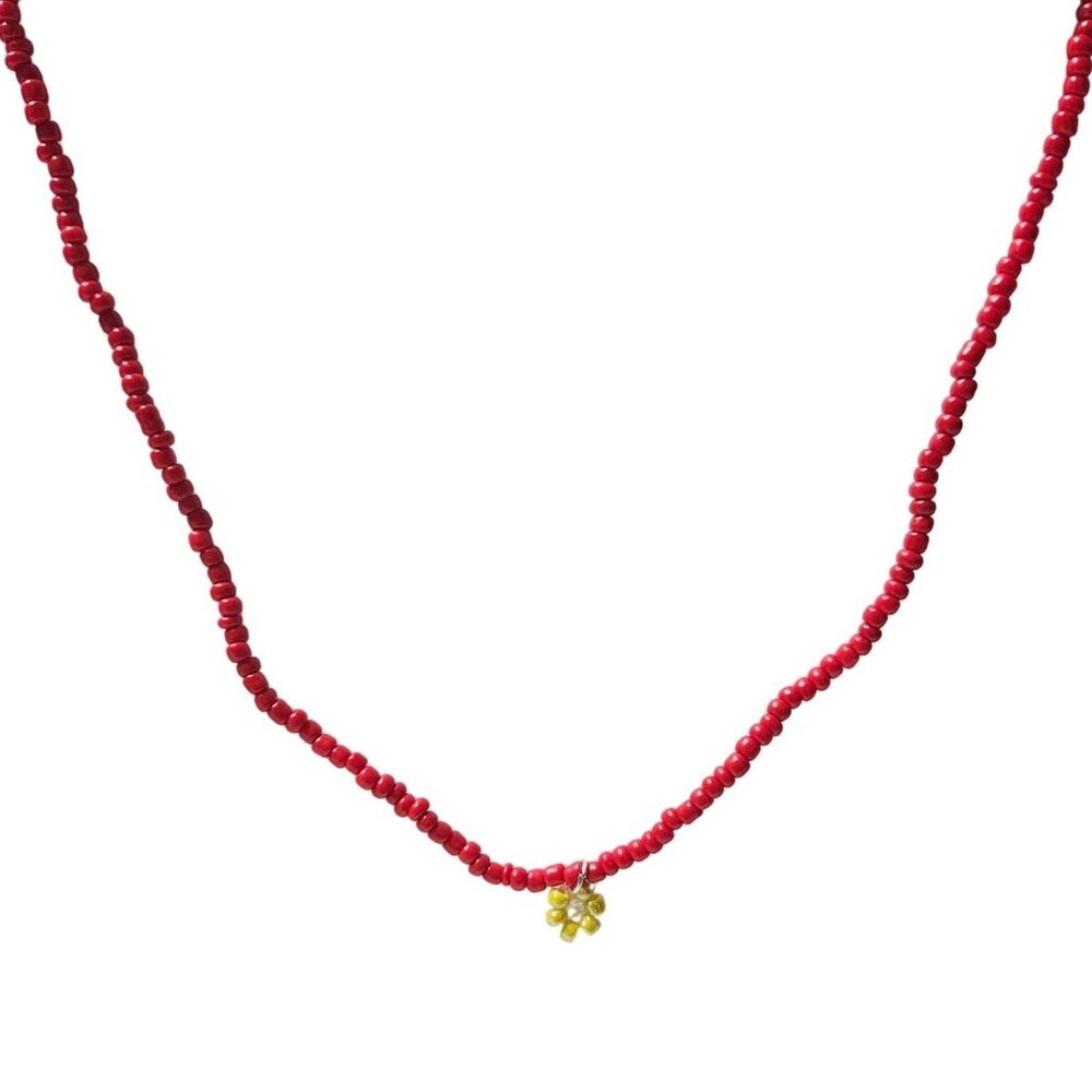 Handmade Yellow Flower Charm Necklace Boho Retro 70s Red Beaded Fashion Jewelry